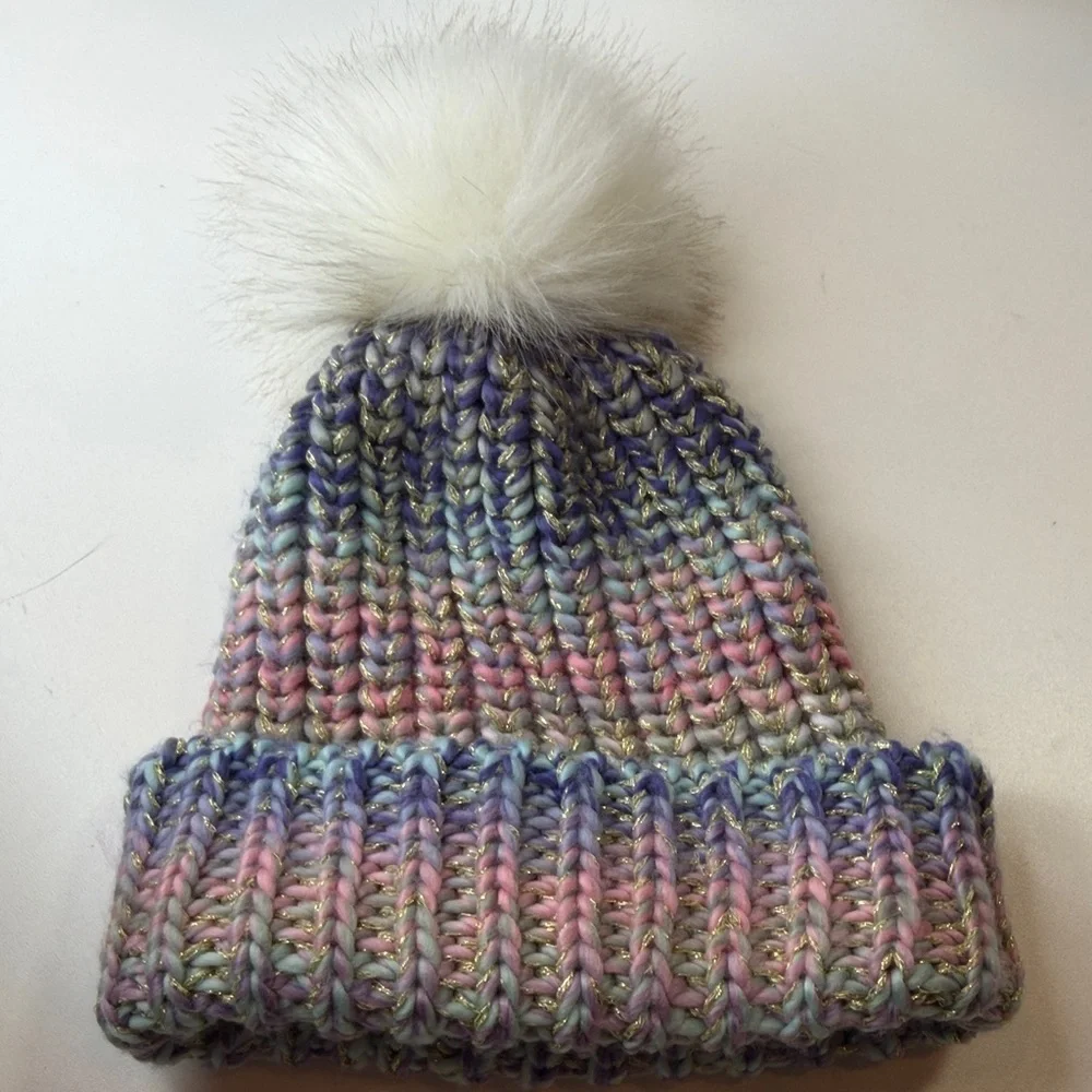 Multicolor Knit Beanie with Pom Pom